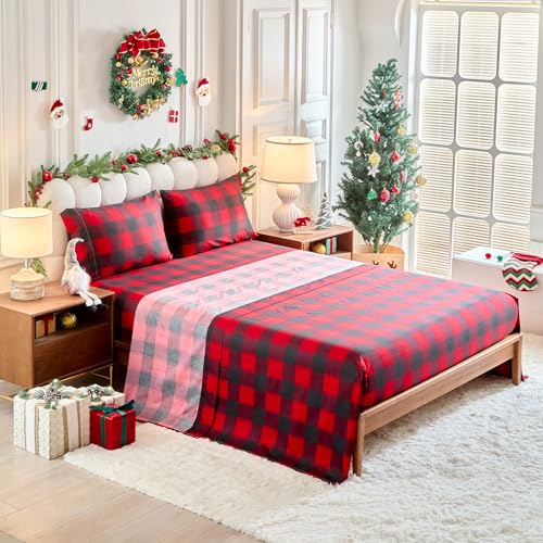 Christmas 7-Piece King Comforter Set with Red Gray Plaid Deer Snowflake - Bed in a Bag