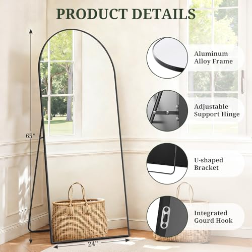 Matte Black Full Length Floor Mirror 65x24 Arched Full Body Mirror with Stand