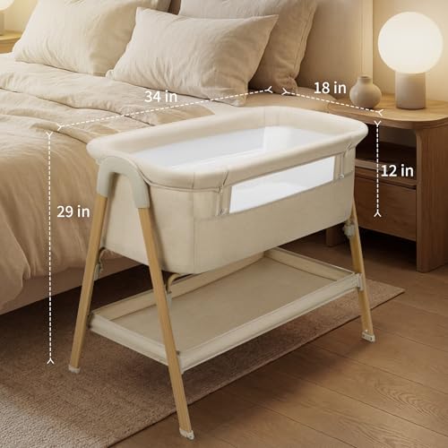 Baby Bassinet Bedside Sleeper Khaki 2-in-1 Crib with Mattress & Mesh Design