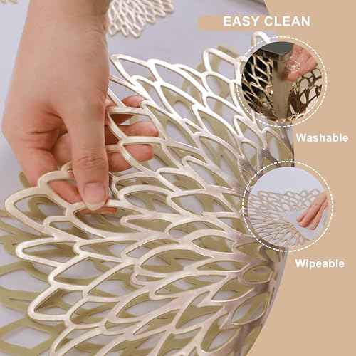 Snowkingdom 4 Pack Gold Placemats Metallic Pressed Vinyl Golden for Dinning Table Place Mats Round Floral Charger Decoration for Christmas Thanksgiving Holiday Wedding