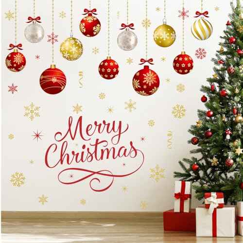IMISHM Christmas Wall Decals - 6 Sheets Removable Decorations, Stickers for Wall, Window, Refrigerator Door - Balls and Ornaments
