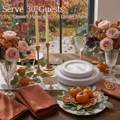 60PCS Silver Plastic Dinner and Dessert Plates Set - Disposable Heavy Duty Partyware Variation of 60 Silver