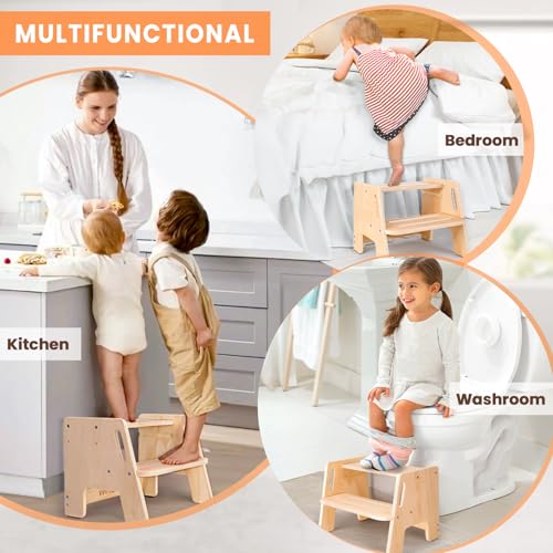 Woodure Wooden Height-Adjustable 2-Step Toddler Stool with Handles - Original Wooden Colour