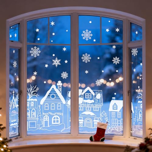JarThenaAMCS 13.8x35.4'' Extra Large Christmas Window Clings 4 Sheets - White Houses & Snowflakes Double-Sided