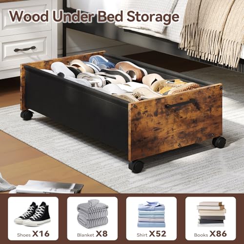 Rustic Brown 90L Under Bed Storage with Wheels - Space Saving Tall Organizer