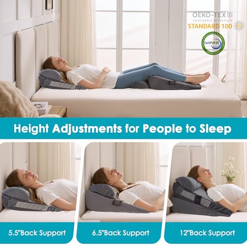 Adjustable Memory Foam Wedge Pillow Set - 12 Inch + 1 Head Pillow, Plush Grey, Post-Surgery & Reflux Relief