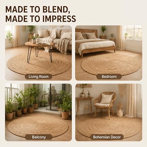 Natural Jute Braided Area Rug - 4 Feet Round, Farmhouse & Coastal Style