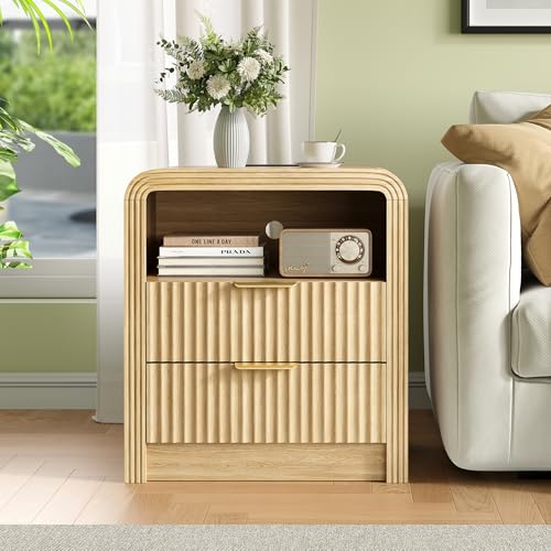Nightstand with Charging Station - Oak Fluted Design, 2 Drawers - Natural Oak, 1 Pack