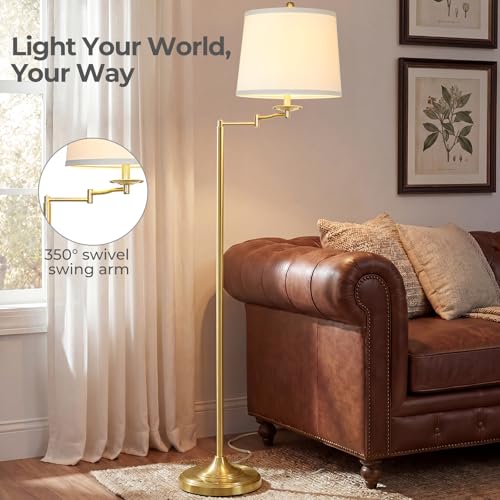 Vintage Floor Lamp with Swing Arm & 3-Way Bulb - Gold with White Shade, 61"