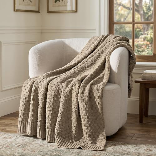 Chunky Chenille Knit Throw Blanket - Hearth Taupe, 50x60 Inches - Modern Basketweave Design