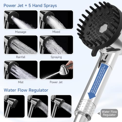 GRICH Chrome Handheld Shower Head with Filter & High Pressure Rainfall - Water Softening & 6 Modes