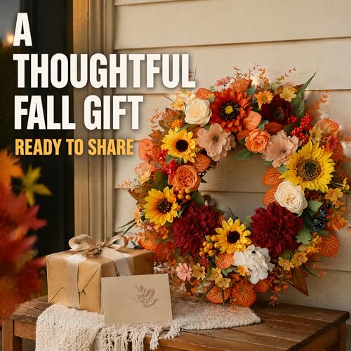 24 Inch Autumn Sunflower Fall Wreath for Front Door & Porch Decor