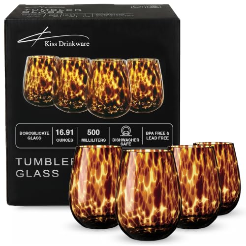 Tortoise Shell Stemless Wine & Water Glass Set - 4 Pack, 16.91 oz Borosilicate Drinkware