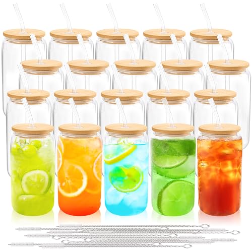 16 oz Glass Cups with Bamboo Lids & Straws Bulk - 20 Pack