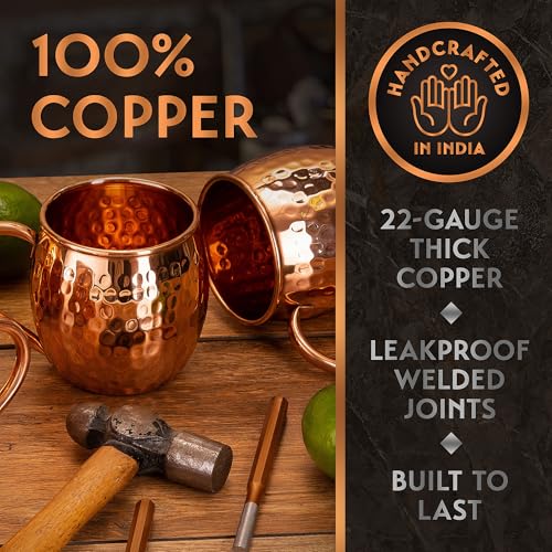 Yooreka Oval Copper Moscow Mule Mugs Set of 4 16oz Handcrafted Pure Copper Drinkware with Coasters & Accessories