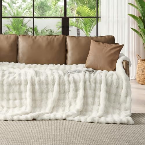 Queen Size Faux Fur Bubble Blanket - Cream White 90x90 Inches - Cozy & Luxurious