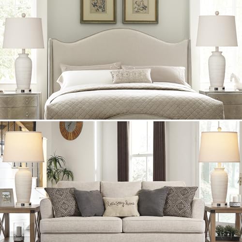CINSARY Cream Farmhouse Jar Table Lamps Set of 2 with USB & Outlets, 3-Way Touch Control, Rustic Bedside Lamps for Bedroom & Living Room