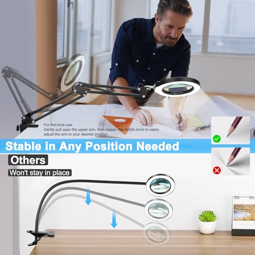 Black 10X Magnifying Glass with Light and Clamp - Stepless Dimmable LED Desk Lamp for Crafts, Reading, Jewelry, Sewing