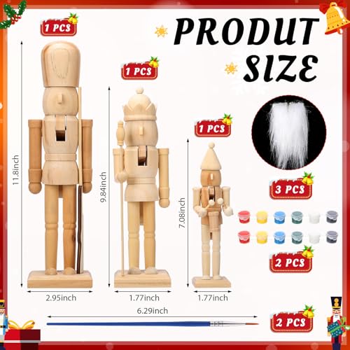 Vercraft 3-Pack Unfinished Nutcrackers – Paint-Your-Own Wooden Christmas Figurines (Drummer, King, Soldier) with Paint & Brushes – 7.08, 9.84, 11.81 in