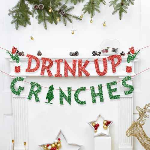 Christmas Decorations Drink Up Party Banners Indoor, Glittery Christmas Decor Banner, Red Green Banner for Home Fireplace Decor