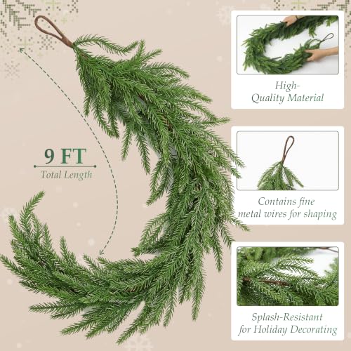 9FT Norfolk Pine Christmas Garland - Faux Greenery for Mantle & Holiday Decor - Green