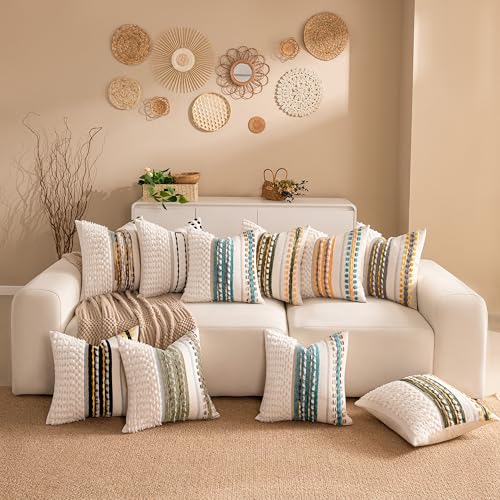 KOOLIFE Teal Boho Chenille Tufted 18x18 Inch Couch Throw Pillow Covers Set of 2