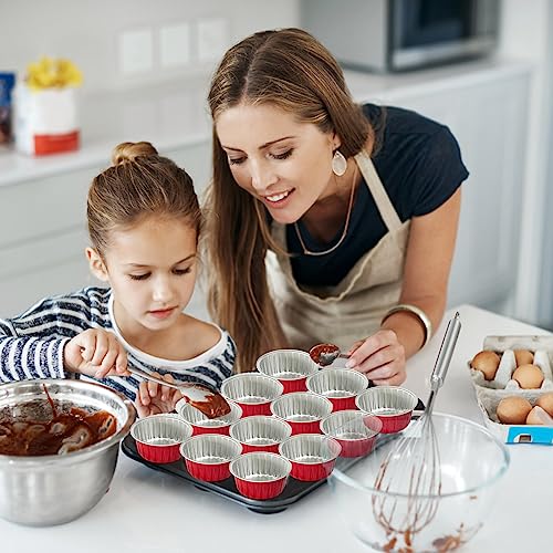 Augoog 100Pcs 5oz Aluminum Cupcake Cups with Lids - Red Bakeware Muffin Liners for Party Catering