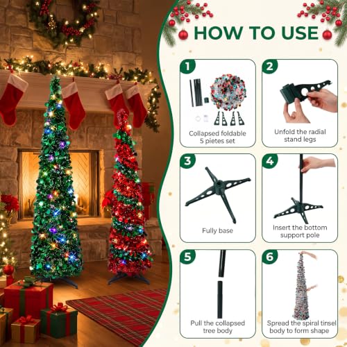 VioraWhite 5-Pcs Red & Green 4/5/6 ft Pop-Up Christmas Pencil Tree with 300 LED Lights