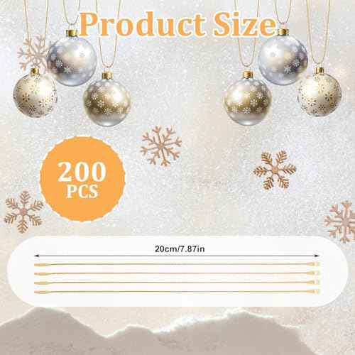 200 Pcs Gold Christmas Ornament Hanger String, Precut Metallic Ribbon for Christmas Tree Fastener Ornaments, Ornament String with Snap for Xmas Party Festivals