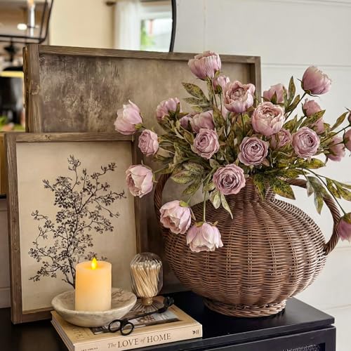 Artificial Peony Flower Stems - Vintage Silk Faux Flowers for Vase Arrangement, 8 Pack - Brownish Variation