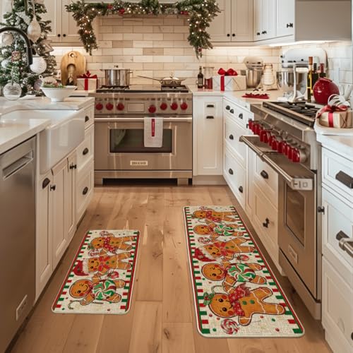 Artoid Mode Gingerbread Candy Cane Christmas Kitchen Mats Set of 2 - 17x29 & 17x47 Inches, Beige Seasonal Rugs for Home Decor