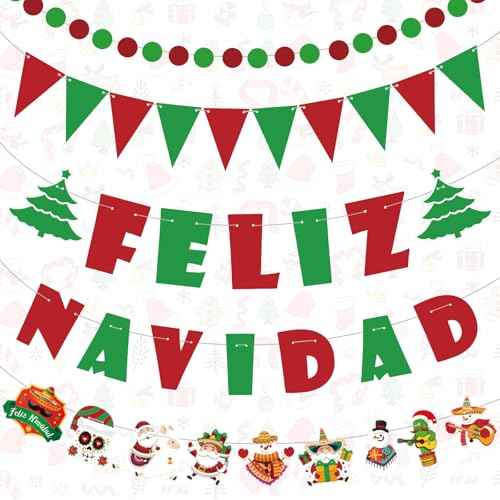 5 Pieces Feliz Navidad Banner Mexican Christmas Decorations Red Green Spanish Christmas Banner Merry Christmas Bunting for Xmas Holiday Party Office Indoor Home Decor