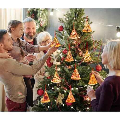 D4DREAM Pizza Christmas Ornament - 12Pcs Wooden Pizza Slice Food Ornaments for Christmas Tree Decorations Funny Food Xmas Gifts for Kids Women