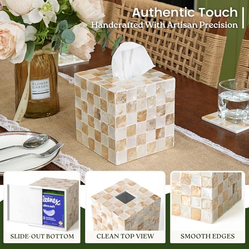 Square Ivory Capiz Shell Tissue Box Cover - Handcrafted Coastal Decor