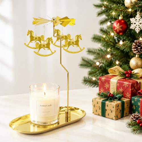 Oiiyee Gold Candle Carousel Holder with Tray (Gold-carousel) - Christmas Tea Light Spinner