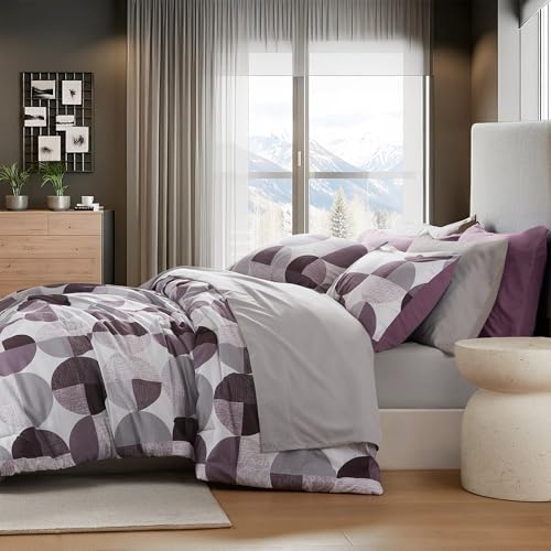 Queen Comforter Set with Sheets Plum Purple & Grey Geometric Bed in a Bag