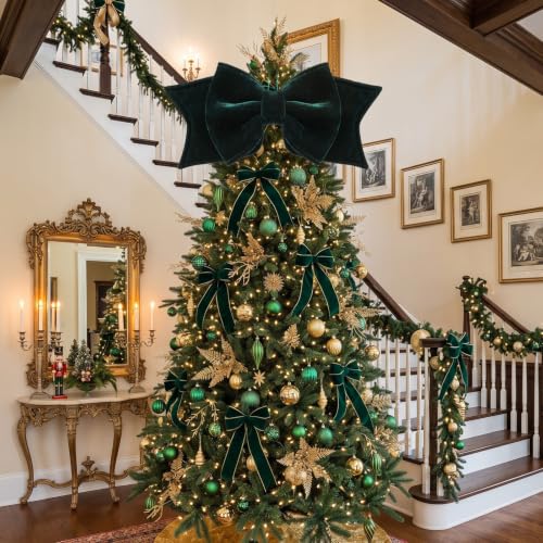 Hollowfly Green Velvet Bow Christmas Tree Topper 22x8in - Large Dark Green