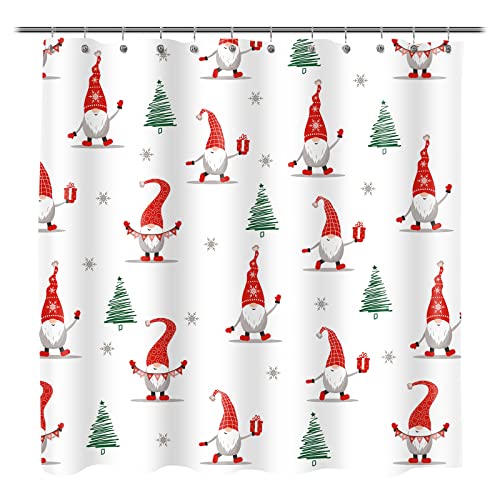 Sunlit Christmas Shower Curtain, Red Gnome Elf Doll and Xmas Trees