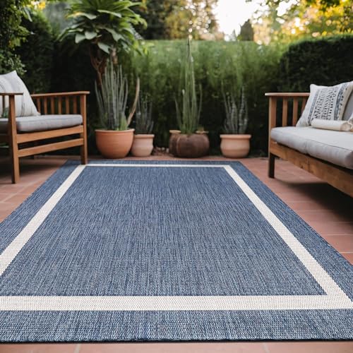 Luul Home 7' x 5' Blue Bordered Outdoor Waterproof Washable Area Rug