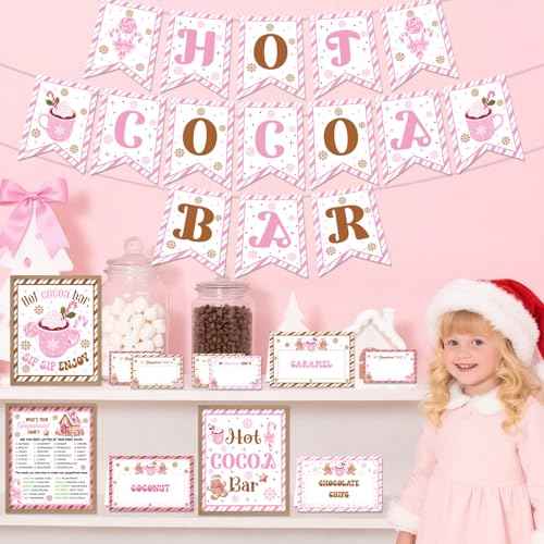Hot Chocolate Bar Decor - 39 Pcs Pink Cocoa Gingerbread Man Banner Signs Toppings Tent Cards Name Game Labels Decorations Kit Party Supplies for Winter Christmas Holiday Birthday New Year