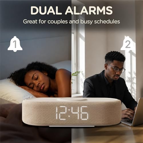 Fabric Digital Alarm Clock with Wireless Charging - Beige - Dual Alarm & Dimmable Display