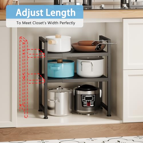 2-Tier Expandable Metal Shelving Unit - Black, 11.02"D x 23.62"W x 20.87"H, Adjustable Kitchen & Garage Organizer