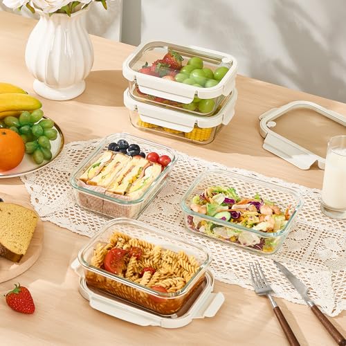 Glass Food Storage Containers with Glass Lids & Air Vent - 5 Pack, 35oz, White
