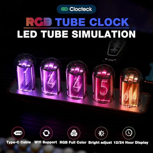 ClocTeck Nixie Tube Clock with Wi-Fi, Alarm, Timer, 12/24H Display, No Assembly Needed (Wood Grain)