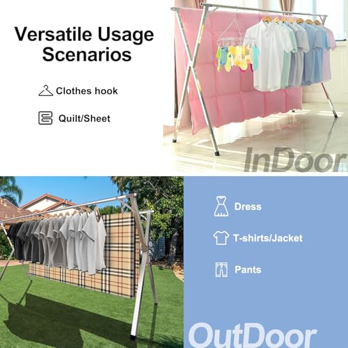 MRCTVG 79in Premium Stainless Steel Foldable Clothes Drying Rack - Adjustable Indoor Outdoor Laundry Organizer