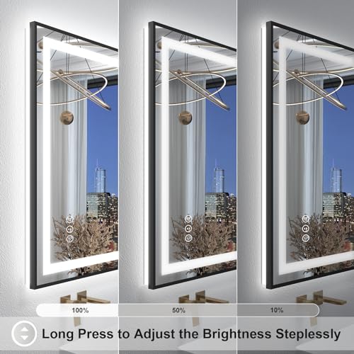 OKPAL Matte Black 24x32 LED Bathroom Mirror with Front & Backlit Dimmable Anti-Fog