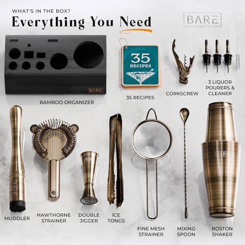 Mixology Bartender Kit Bar Set - 28oz Boston Shaker Brass & Black - 14-Piece Cocktail Barware with Recipe Cards