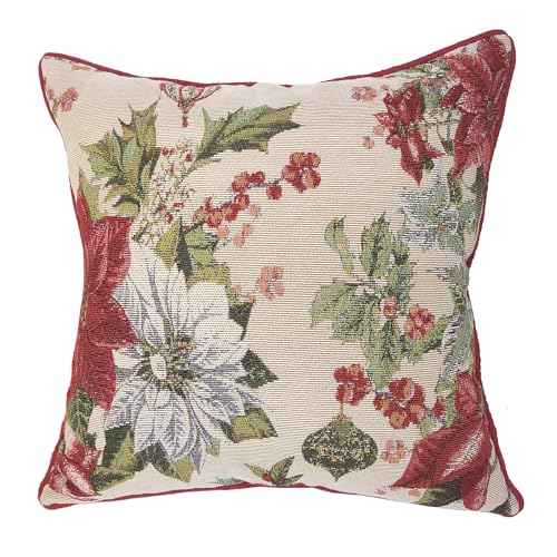 Ivory Christmas Poinsettia & Holly Throw Pillow Cover 18x18in with Red Piping