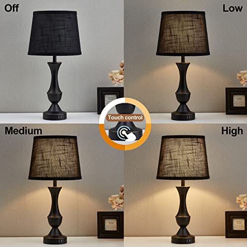 Black Touch Table Lamps Set of 2 - 22-Inch Bedside Lamps with USB Ports