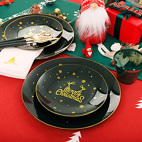 Nervure Green & Gold Christmas Plates Set with Silverware (175-Piece) 25 Guests